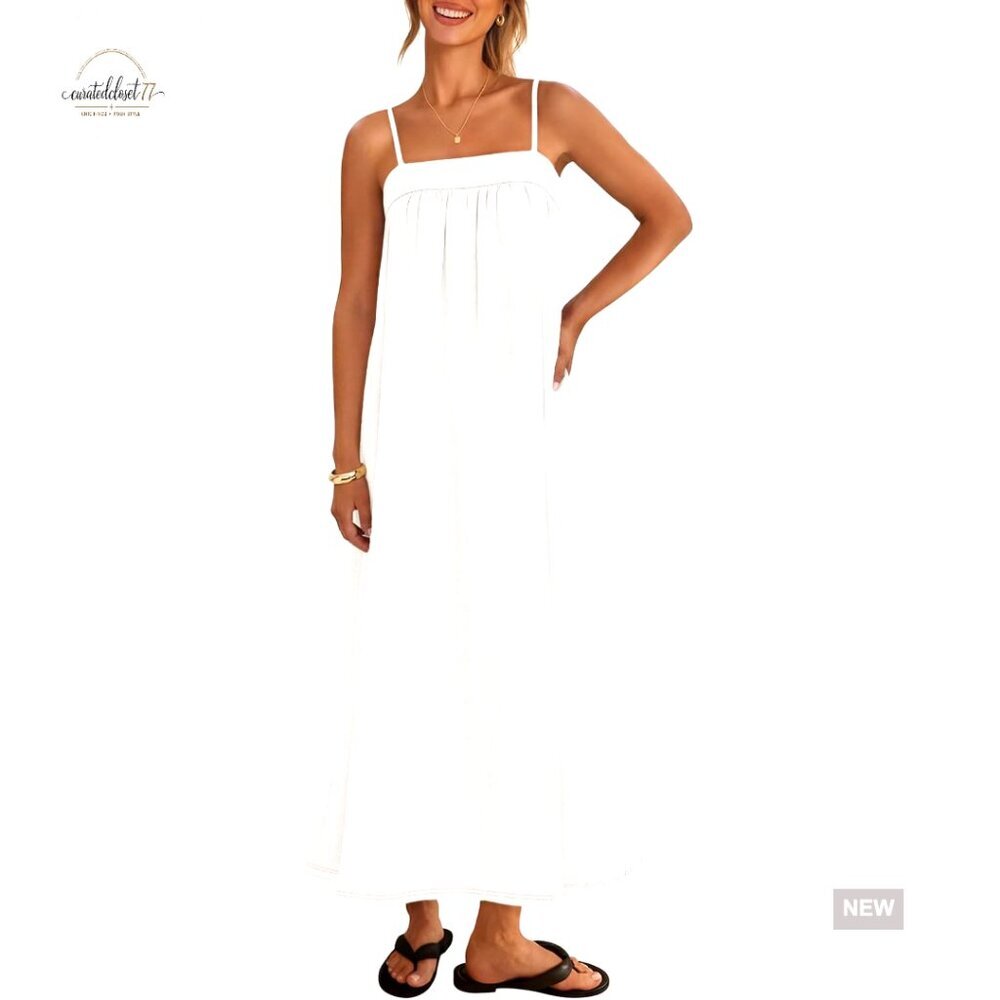 Linen Blend Maxi Sundress with Spaghetti Straps and Pockets